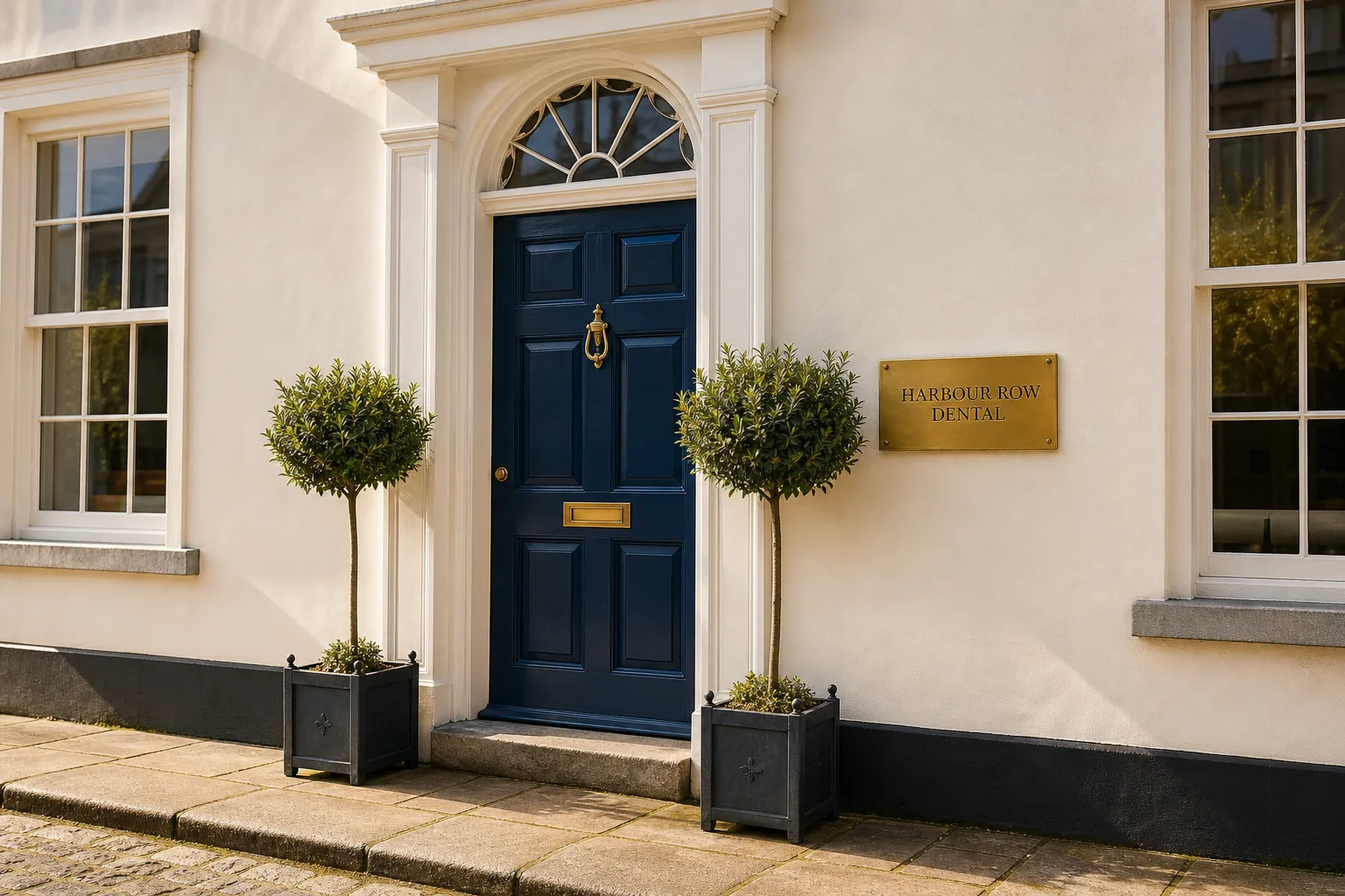 The front door of Harbour Row Dental &mdash; a navy-painted Georgian door with a brass nameplate and a bay tree at either side.