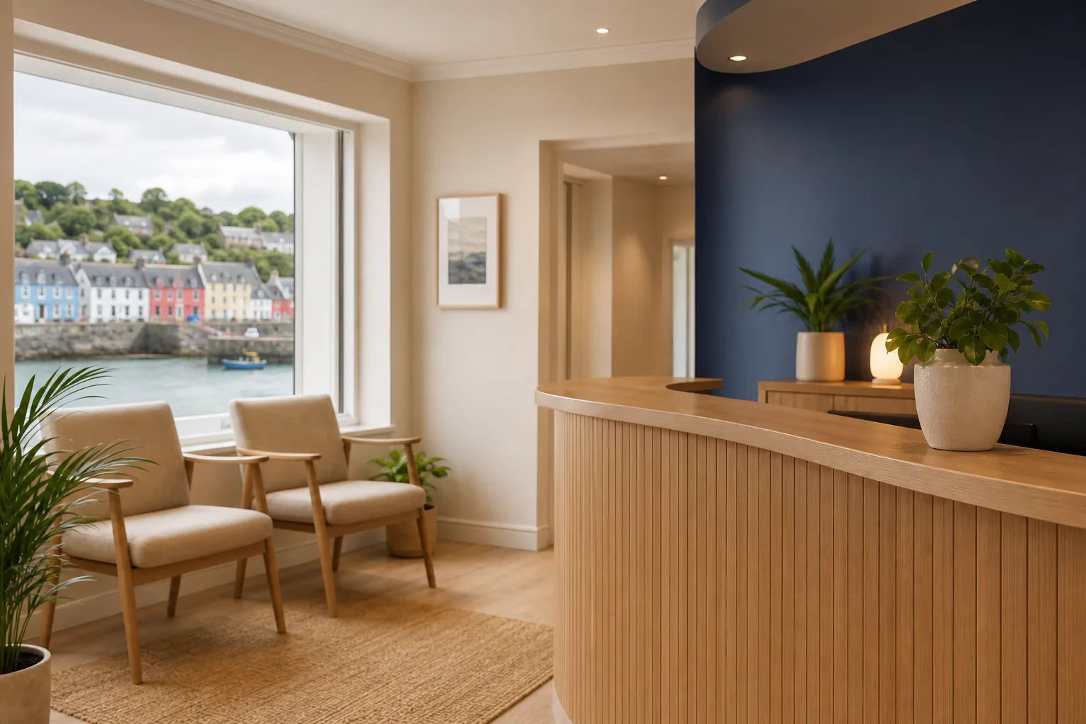 The warm, softly lit reception at Harbour Row Dental in Wexford town